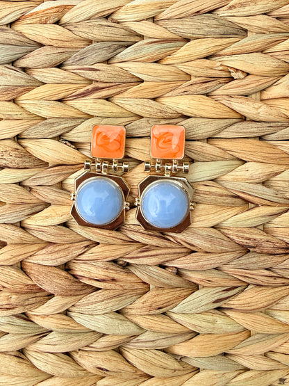 Vintage Retro Geometric Enamel & Marble Drop Earrings
