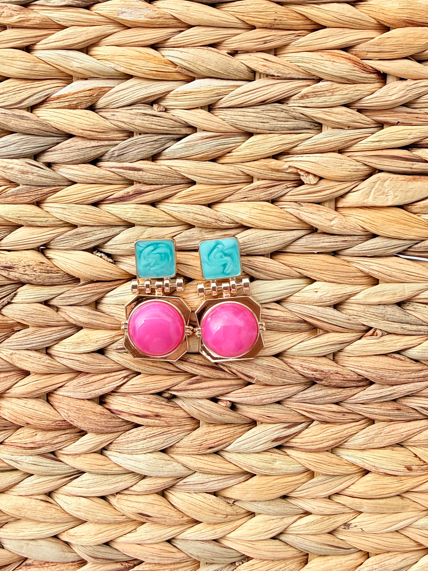 Vintage Retro Geometric Enamel & Marble Drop Earrings