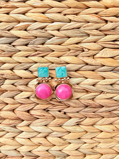 Vintage Retro Geometric Enamel & Marble Drop Earrings