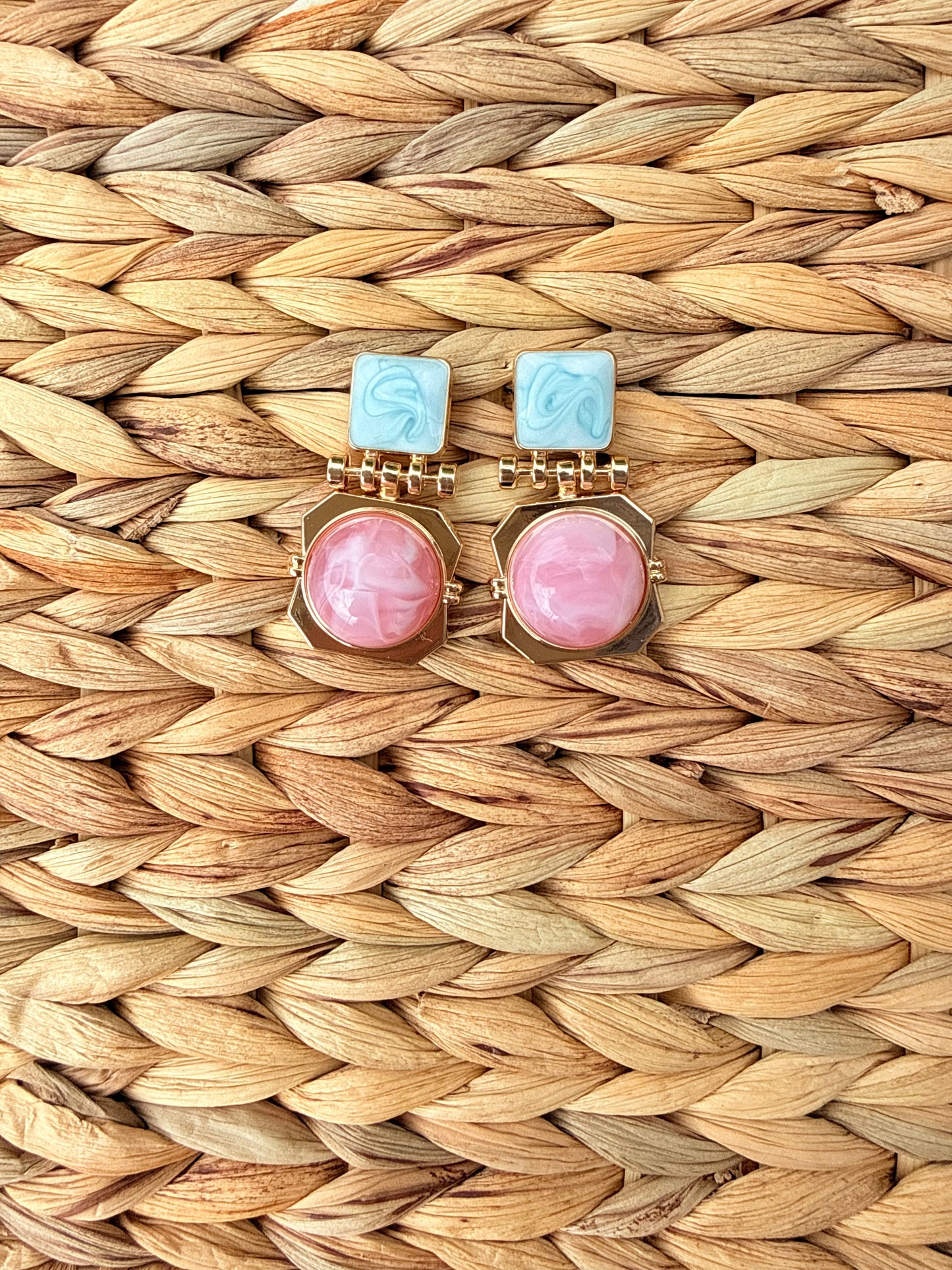 Vintage Retro Geometric Enamel & Marble Drop Earrings