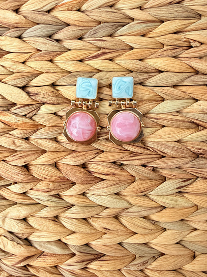 Vintage Retro Geometric Enamel & Marble Drop Earrings