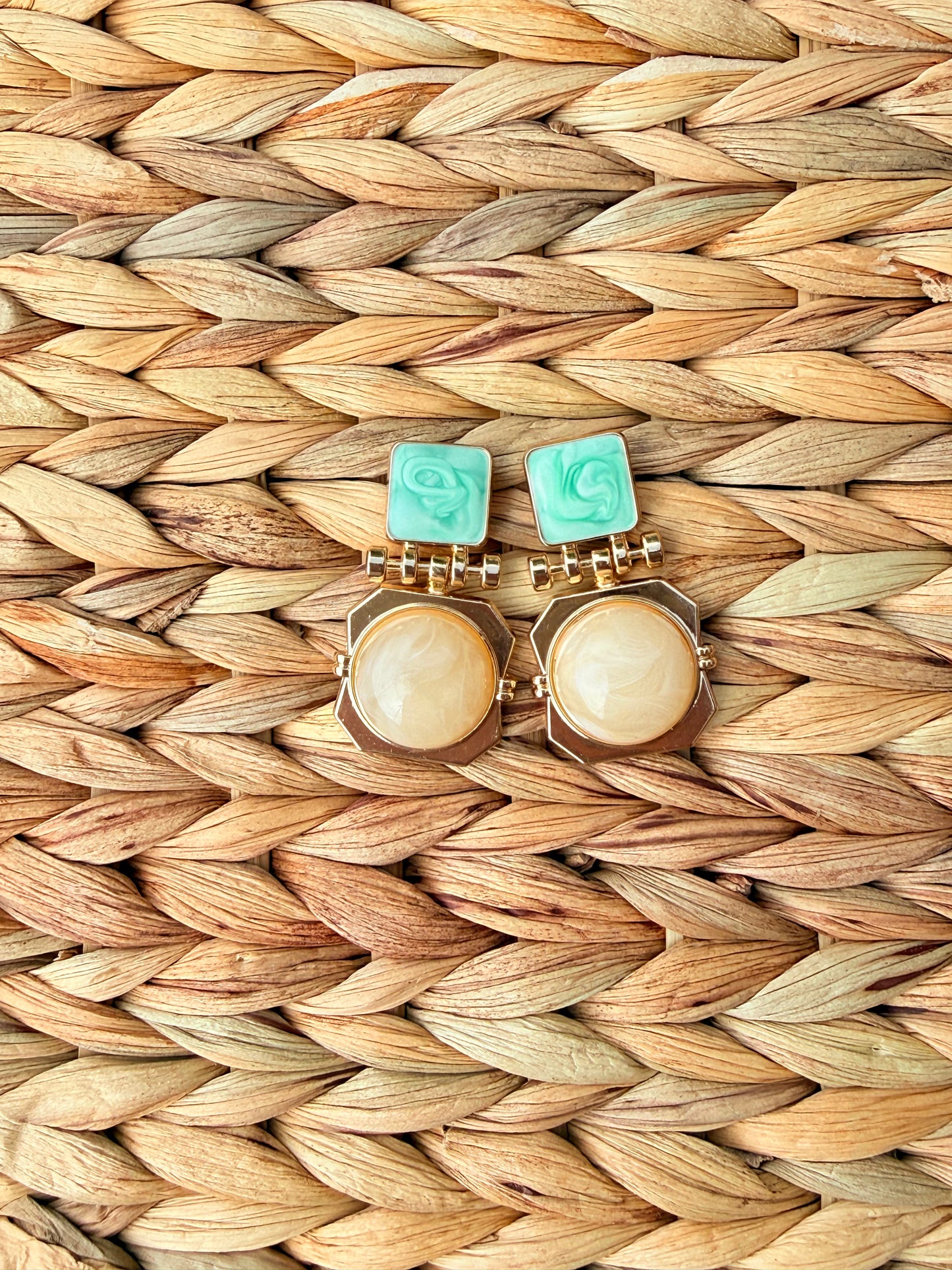 Vintage Retro Geometric Enamel & Marble Drop Earrings