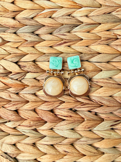 Vintage Retro Geometric Enamel & Marble Drop Earrings