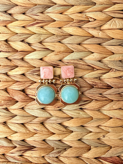 Vintage Retro Geometric Enamel & Marble Drop Earrings