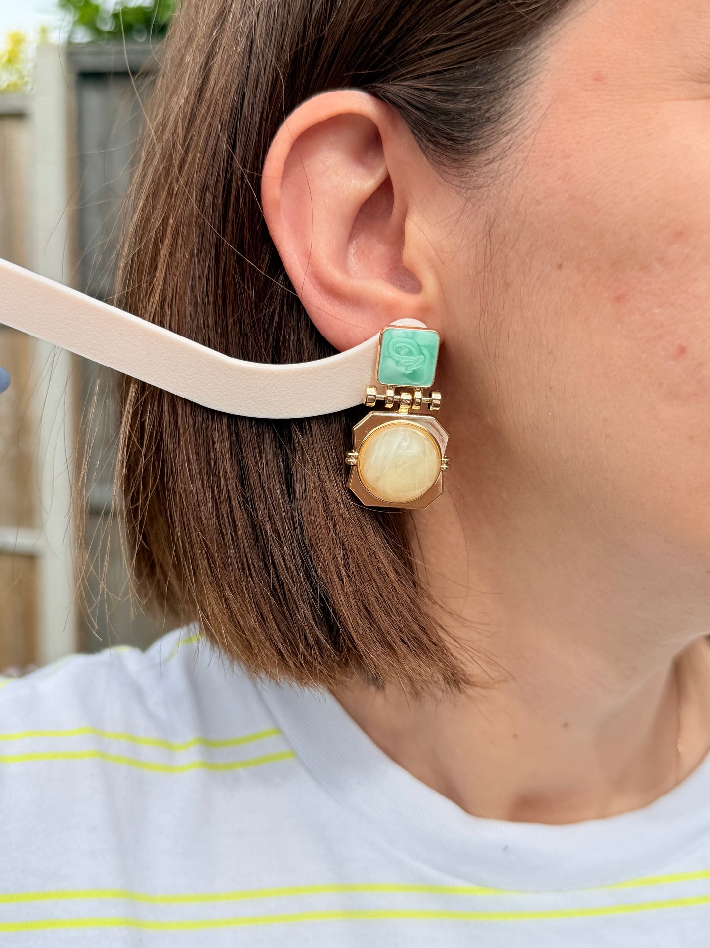 Vintage Retro Geometric Enamel & Marble Drop Earrings