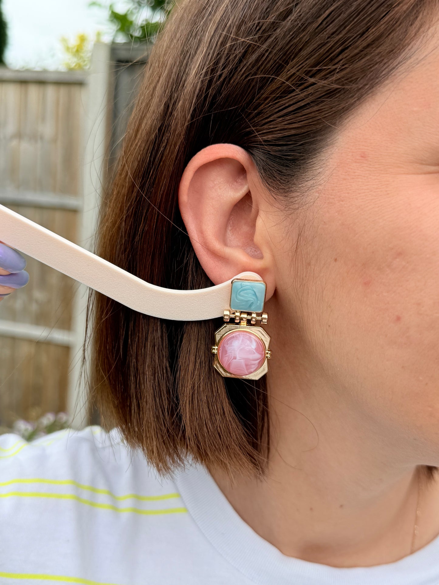 Vintage Retro Geometric Enamel & Marble Drop Earrings
