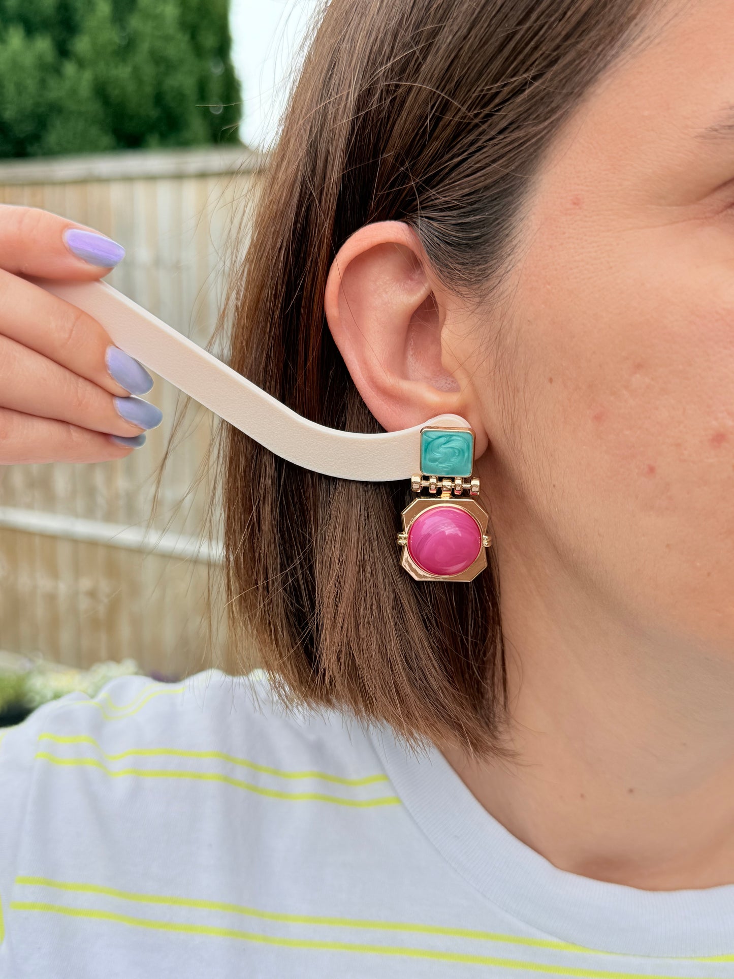 Vintage Retro Geometric Enamel & Marble Drop Earrings