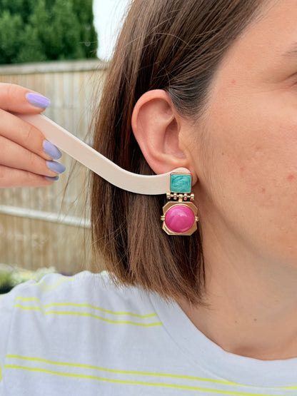 Vintage Retro Geometric Enamel & Marble Drop Earrings