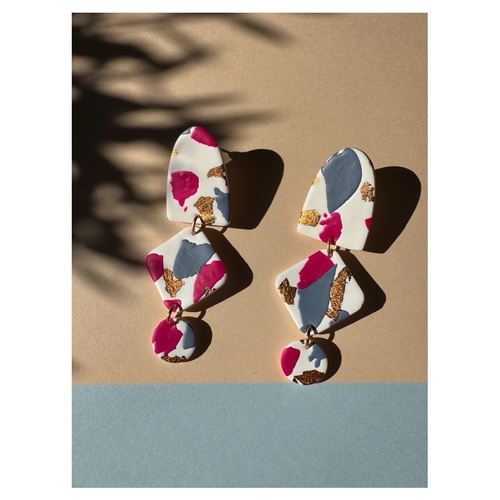 Blush Bloom Polymer Clay Earrings – White & Pink with Gold-Toned Details