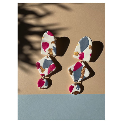 Blush Bloom Polymer Clay Earrings – White & Pink with Gold-Toned Details
